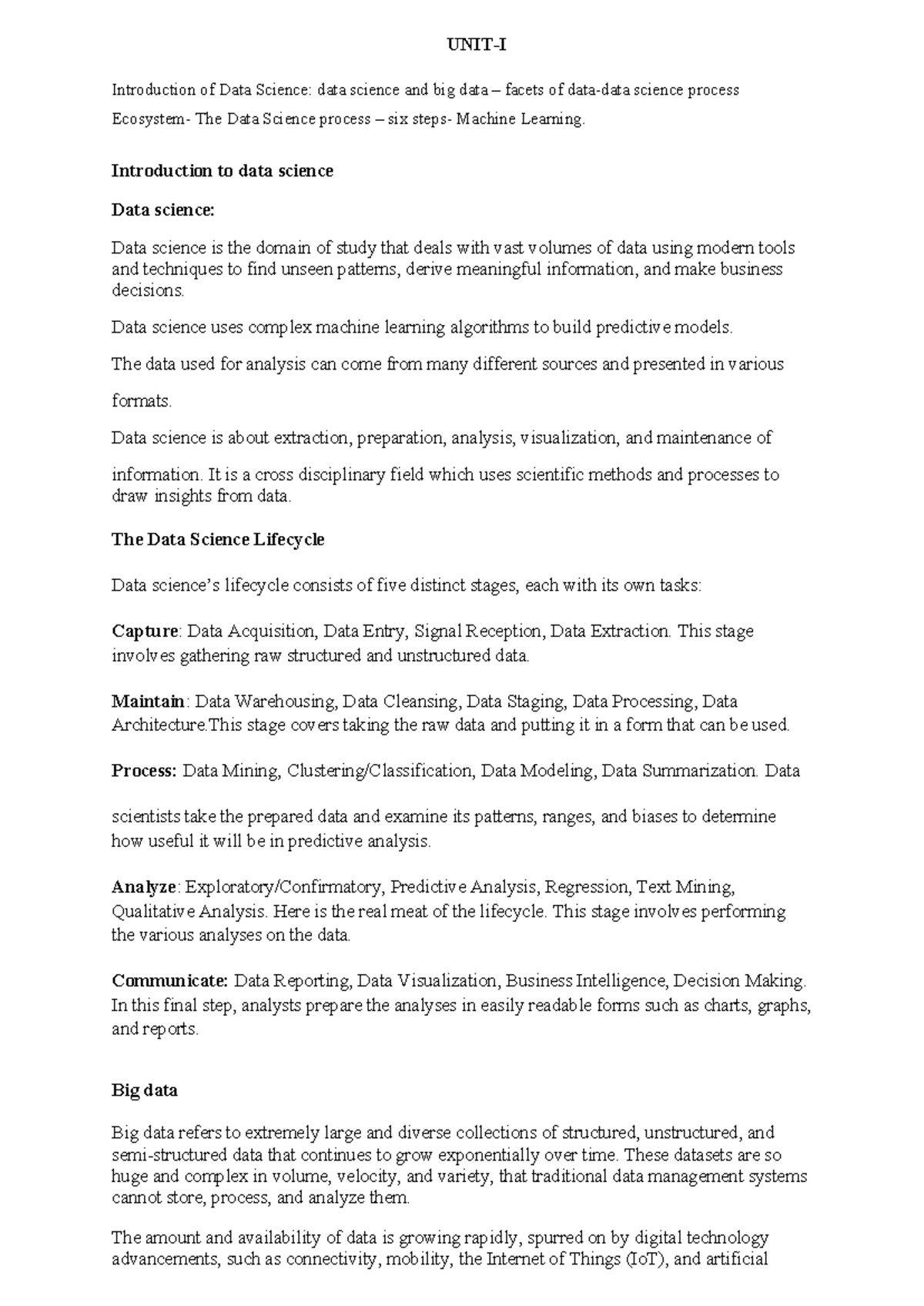 I DS Notes: Introduction to Data Science and Machine Learning Concepts ...