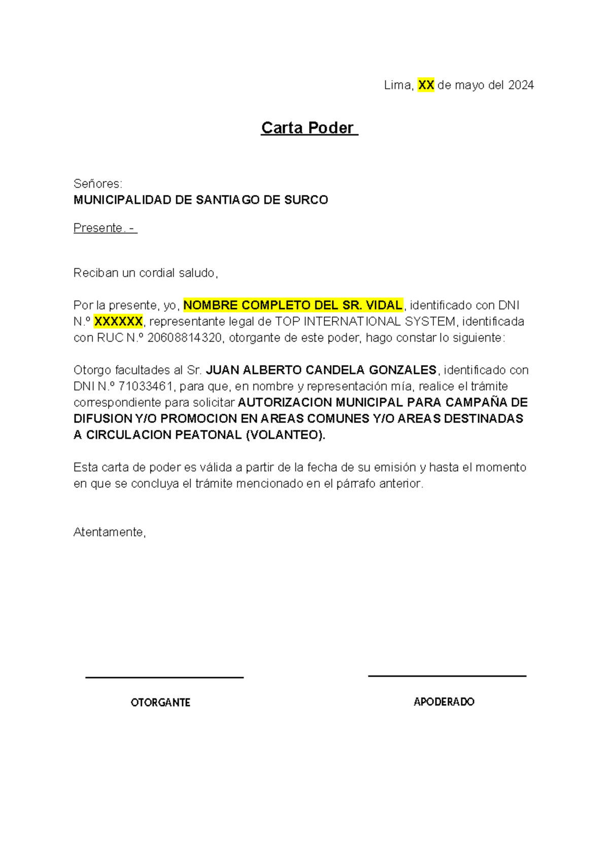 Carta Poder para Autorización Municipal - MUN Surco - Studocu