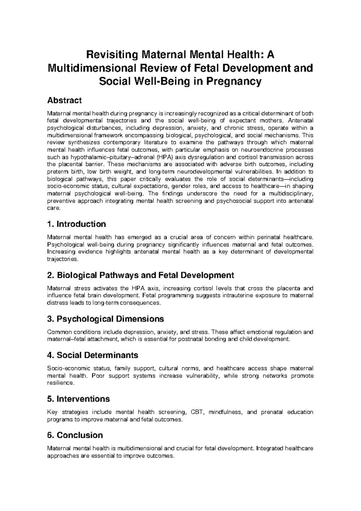 Maternal Mental Health Review: Impacts on Fetal Development and Social ...