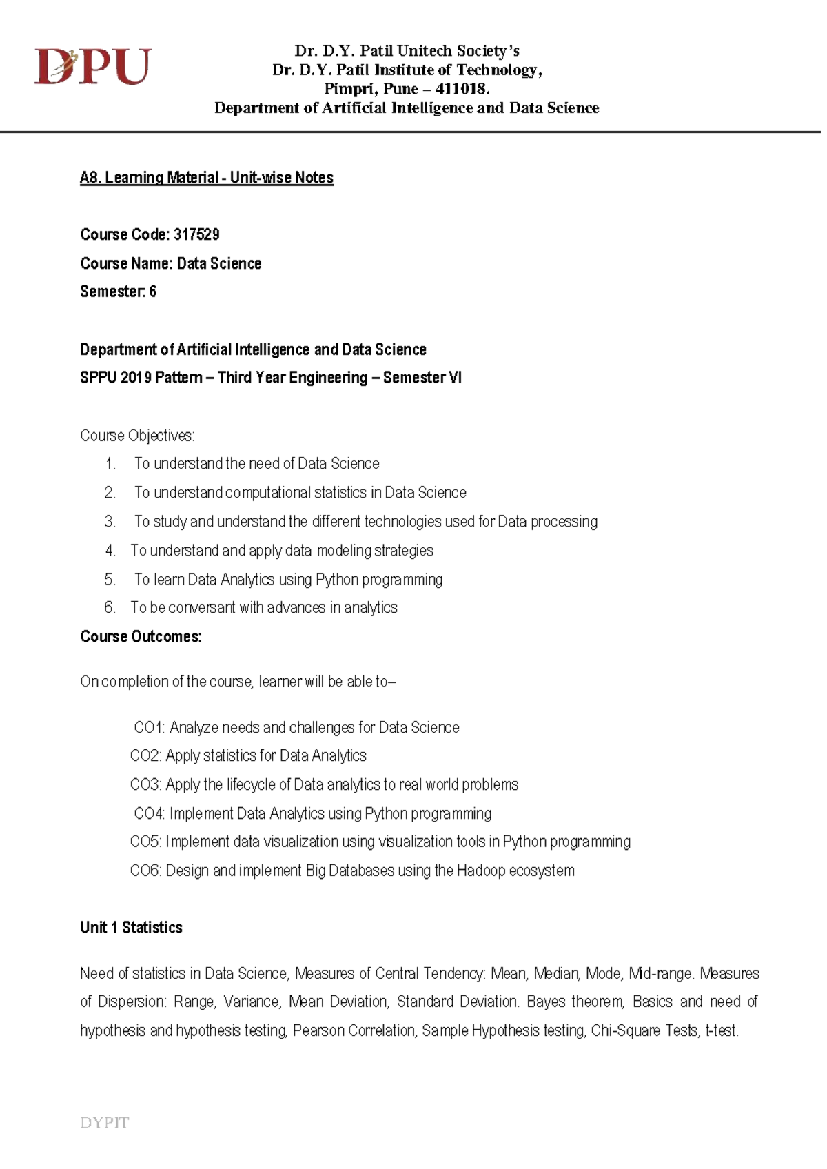 Data Science Notes (317529) - Unit 2: Statistics & Analysis - Studocu