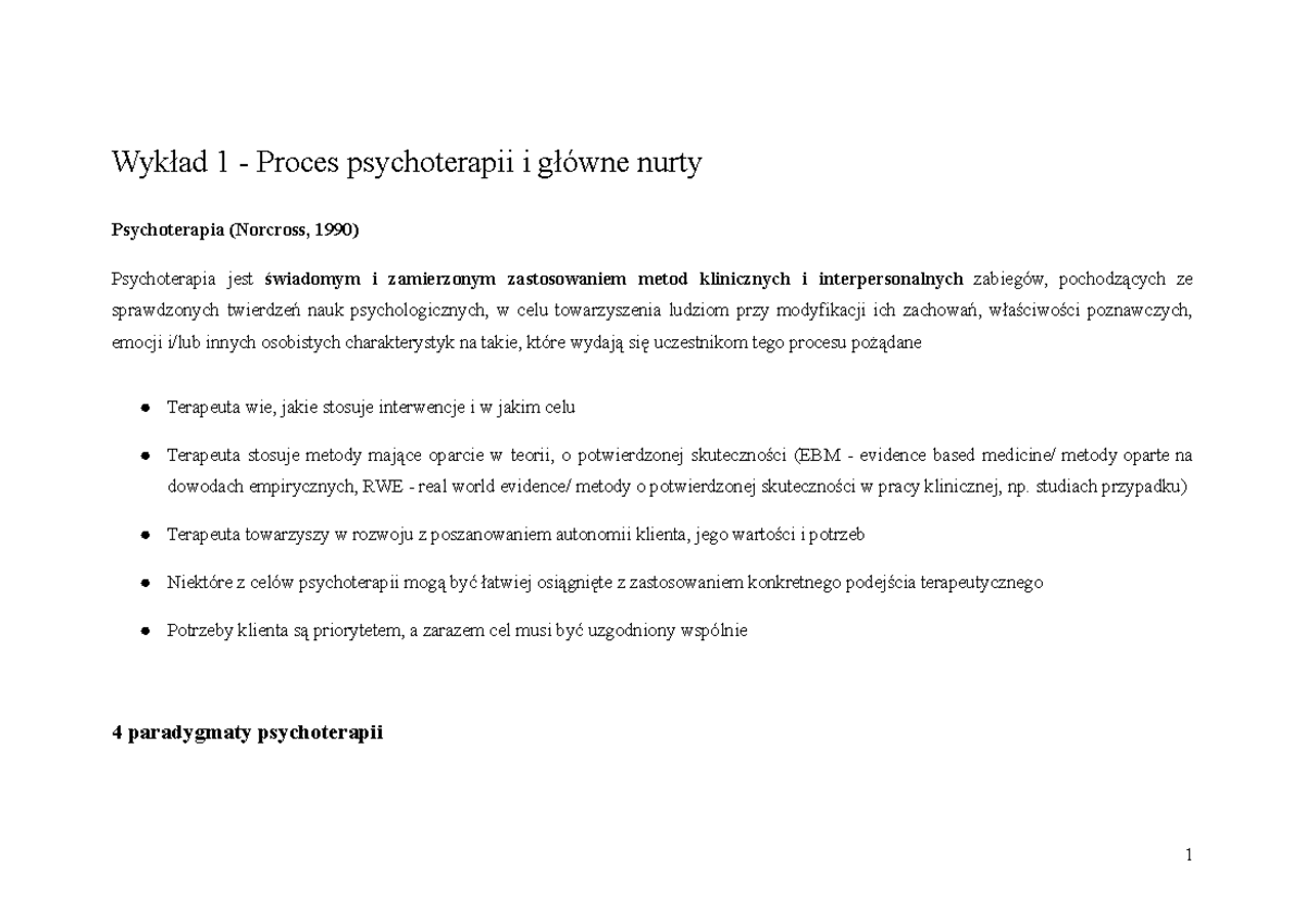 Notatki z wykładu 1-3 z Psychologii - Procesy Psychoterapii i Teoria - Document Preview