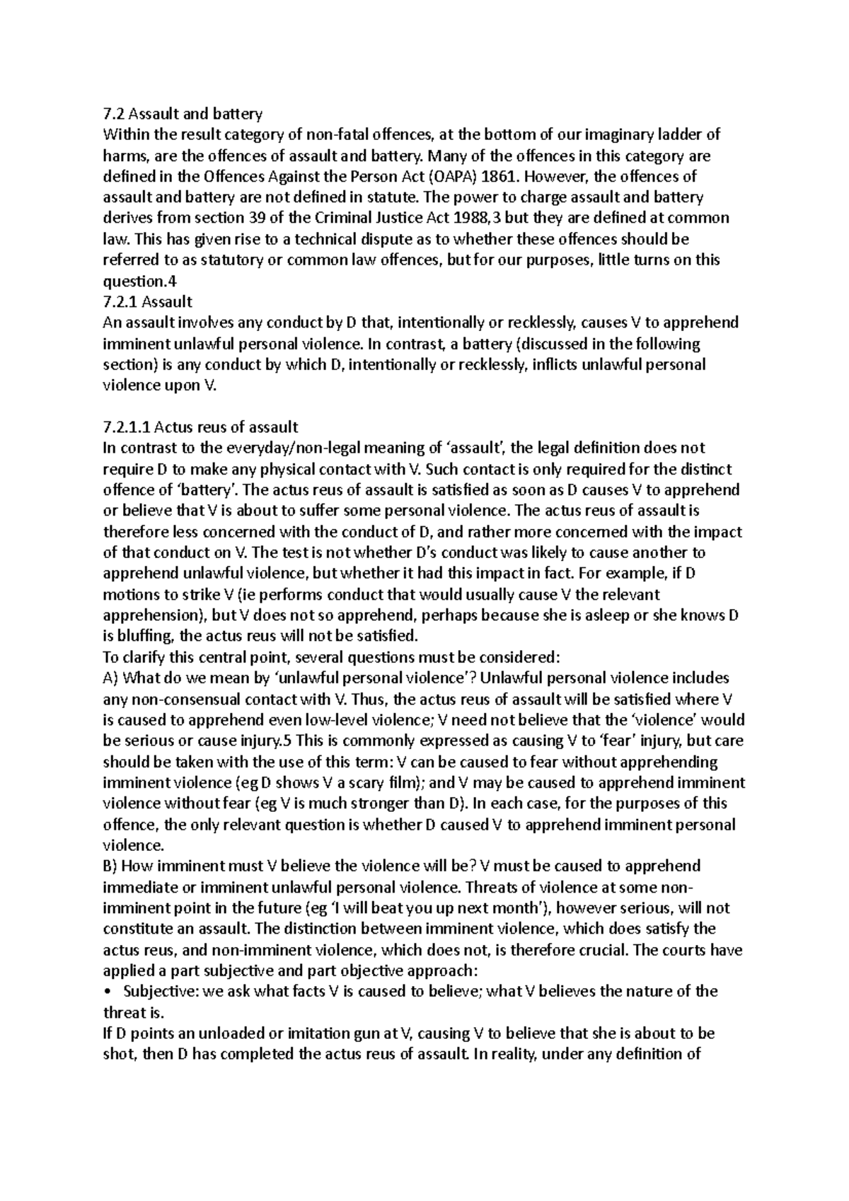 Assault - Lecture notes 2 - 7 Assault and battery Within the result ...