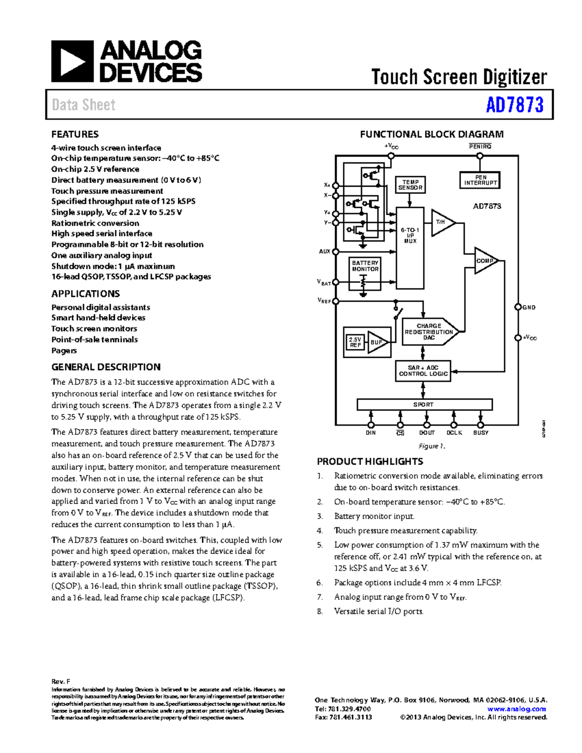 AD7873 Touch Screen Digitizer Data Sheet Overview - Studocu