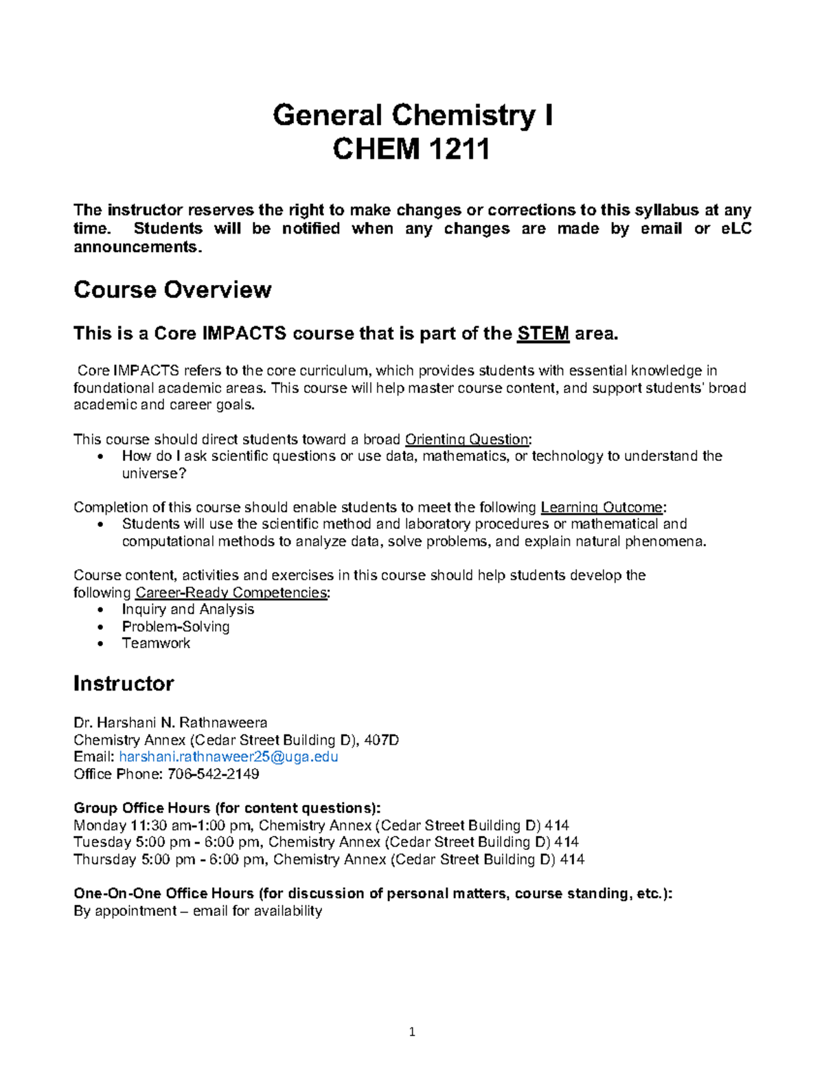 CHEM 1211 Syllabus Fall 2024: General Chemistry I - Rathnaweera - Studocu