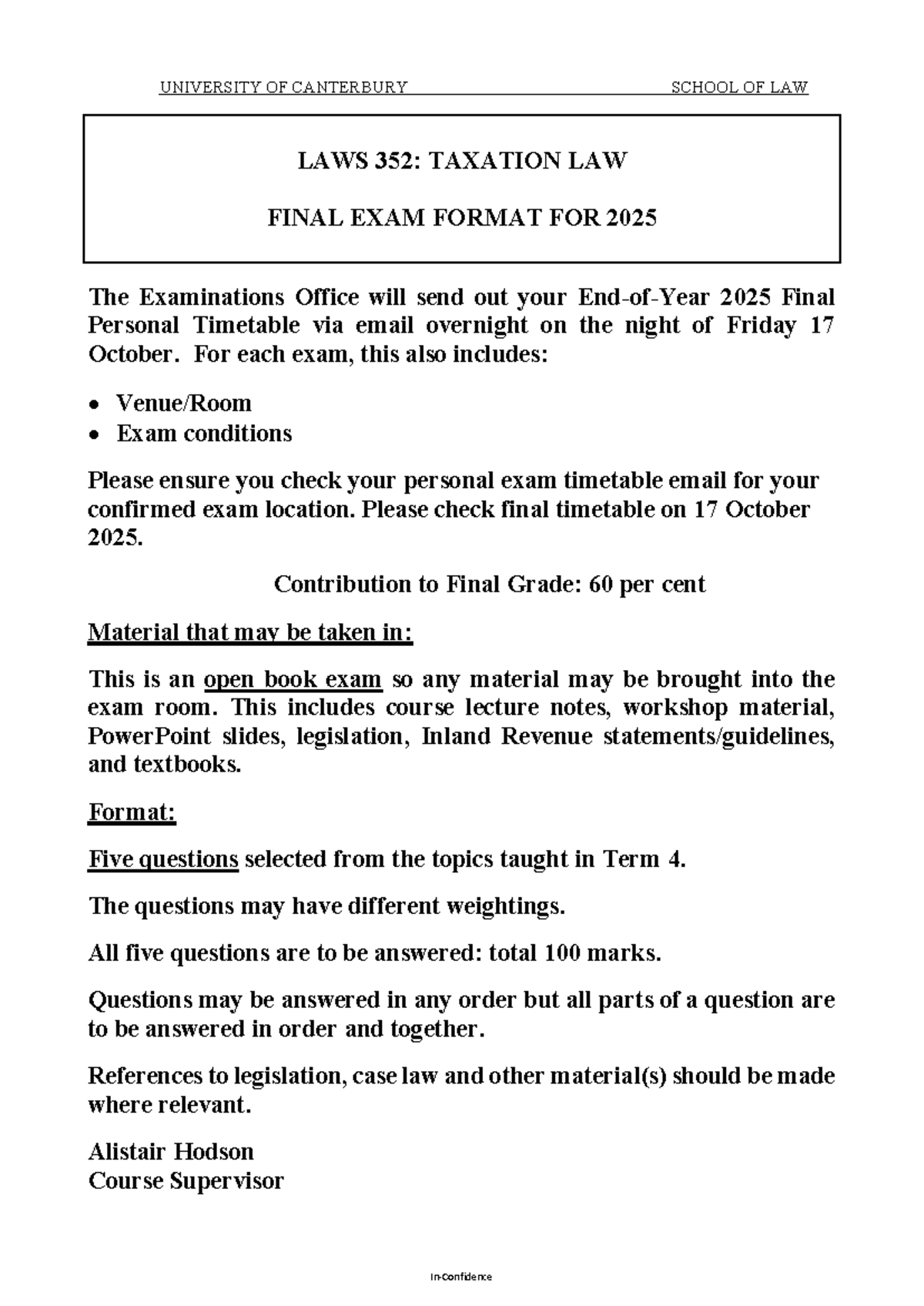 LAWS 352: Taxation Law Final Exam Format for 2025 - Studocu