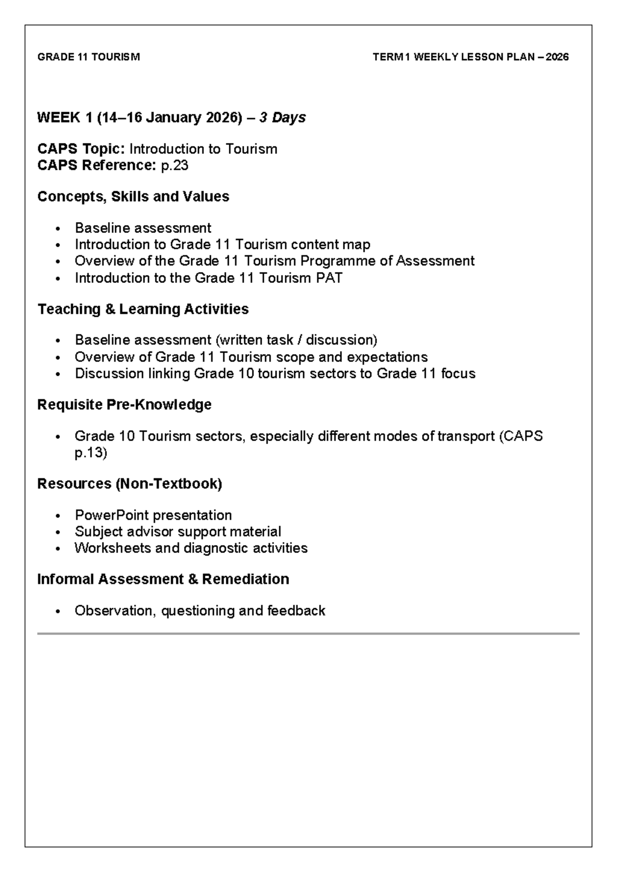GR 11 TOURISM TERM 1 WEEKLY LESSON PLAN 2026 - Studocu