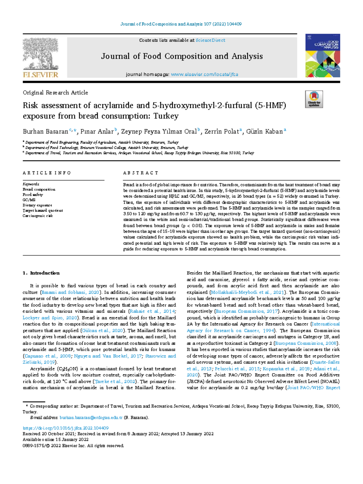 Risk Assessment of Acrylamide in Bread Consumption: A Study from Turkey ...
