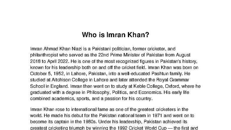 Who is Imran Khan? A Study of Pakistan's 22nd PM - Studocu