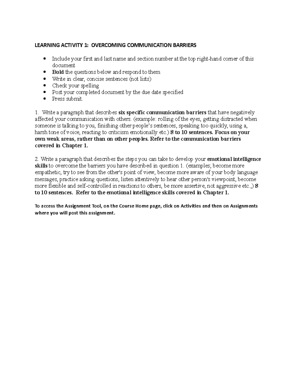 COMM 101: Overcoming Communication Barriers - Learning Activity 1 - Studocu