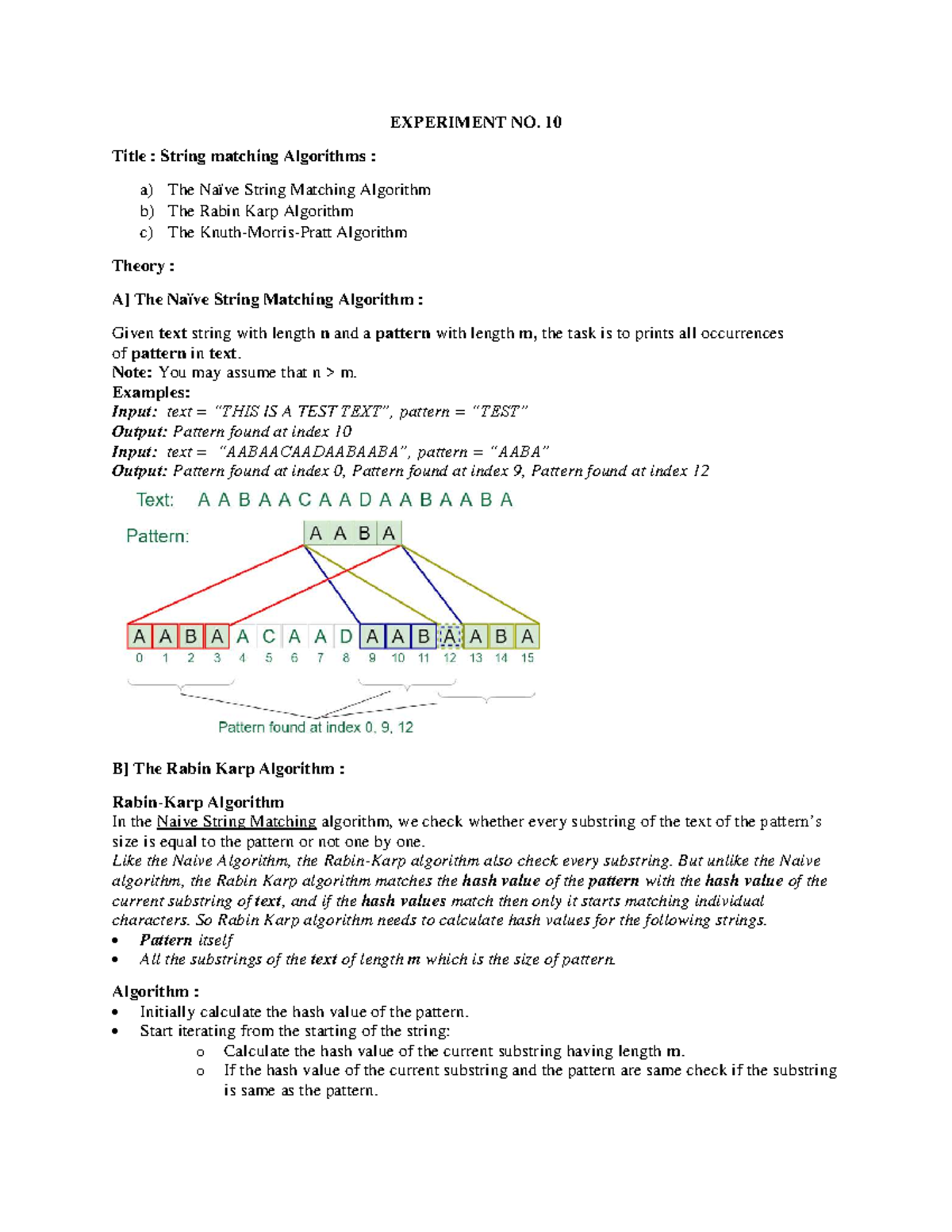 Experiment No. 10: String Matching Algorithms - Naïve & Rabin Karp ...