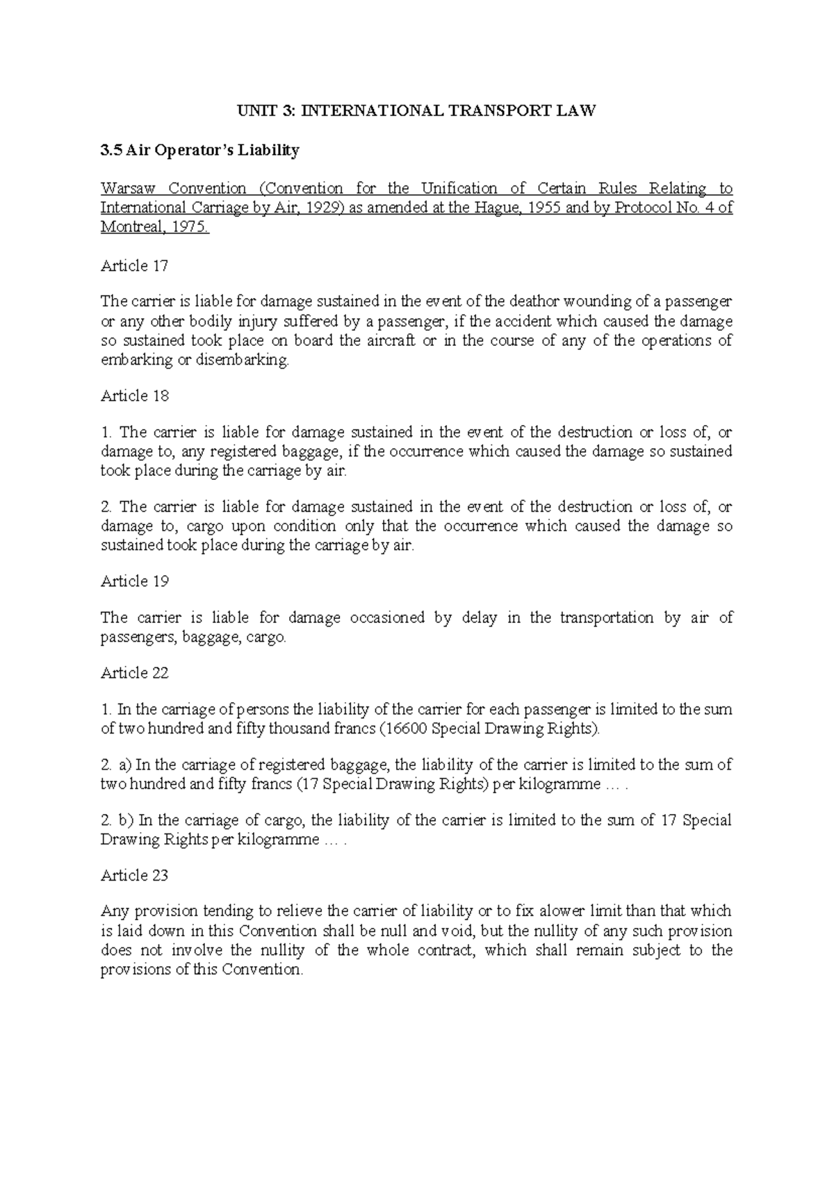 Unit 3: International Transport Law - Air Liability Overview - Studocu