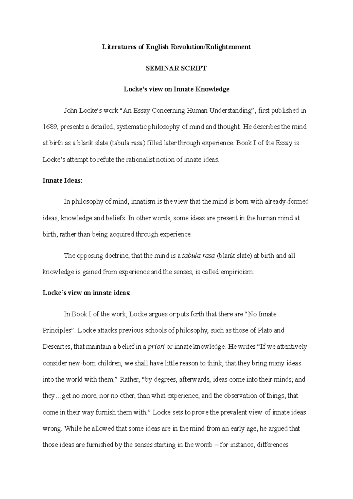 Innate Knowledge - Summary M A English Language and Literature ...