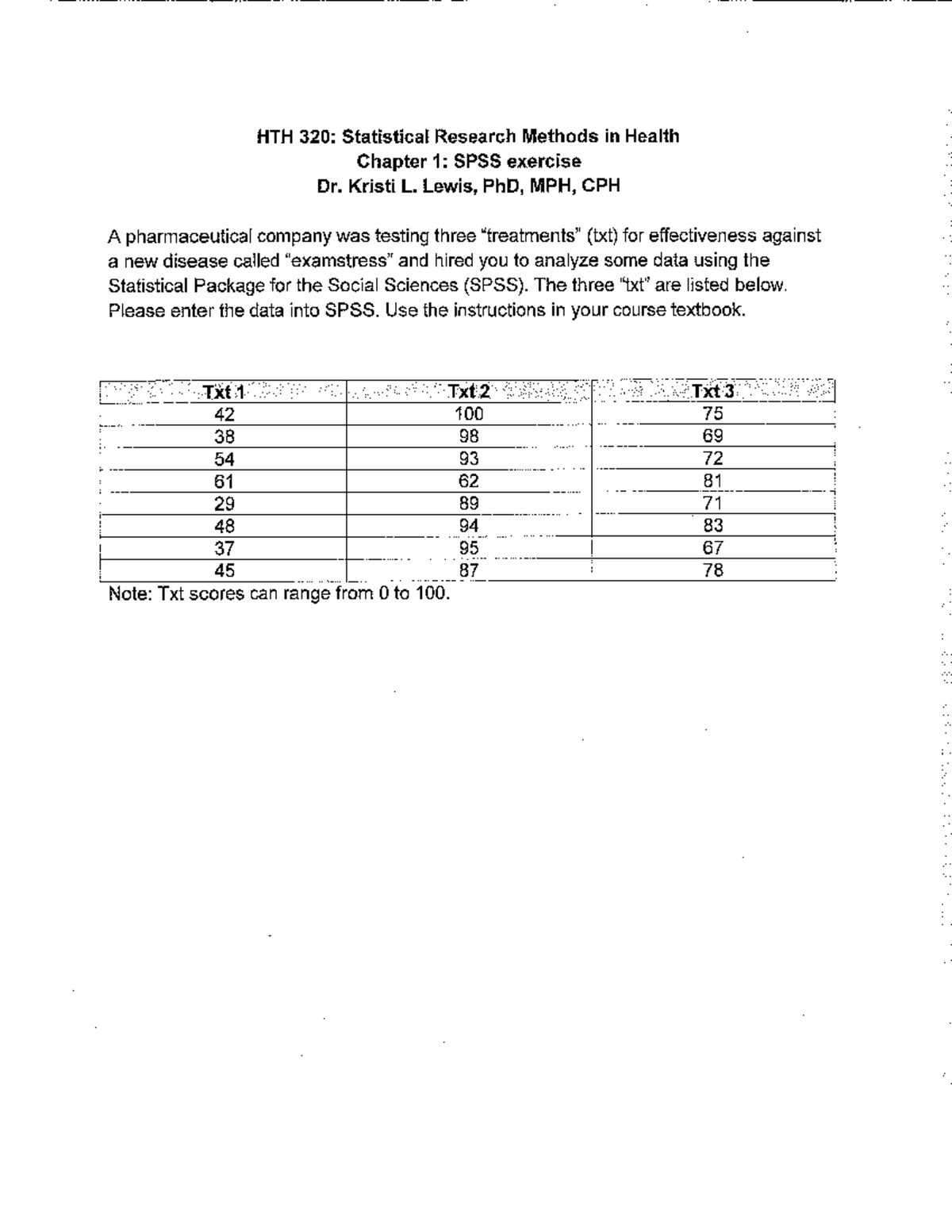 HTH 320: Statistical Research Methods - Chapter 1 SPSS Exercise - Studocu
