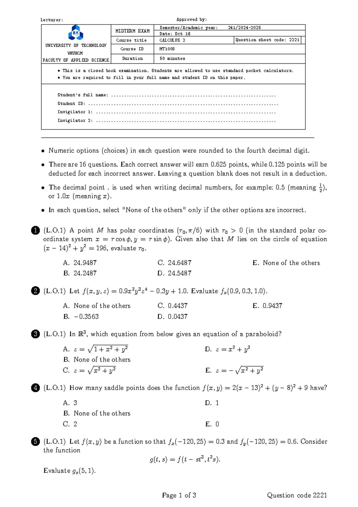 CALCULUS 2 MIDTERM EXAM MT1005 - UNIVERSITY OF TECHNOLOGY VNUHCM - Studocu
