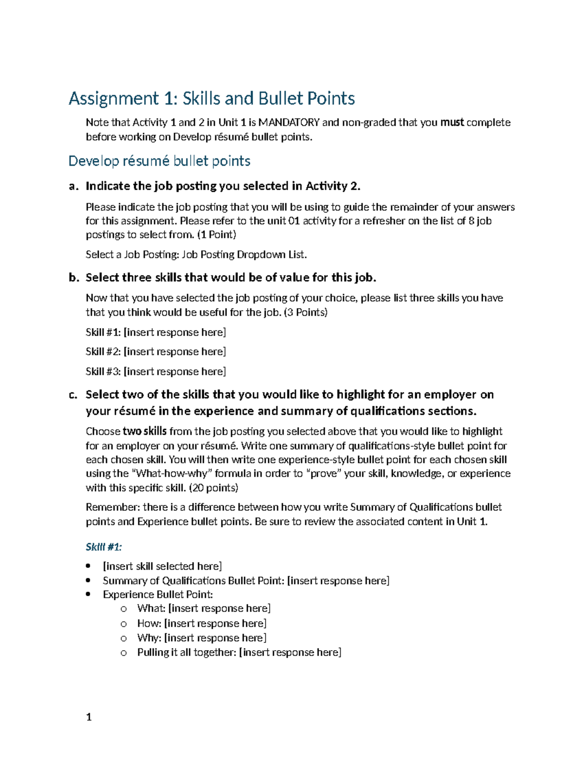 Unit 1 Assignment 1: Skills & Résumé Bullet Points Guide - Studocu