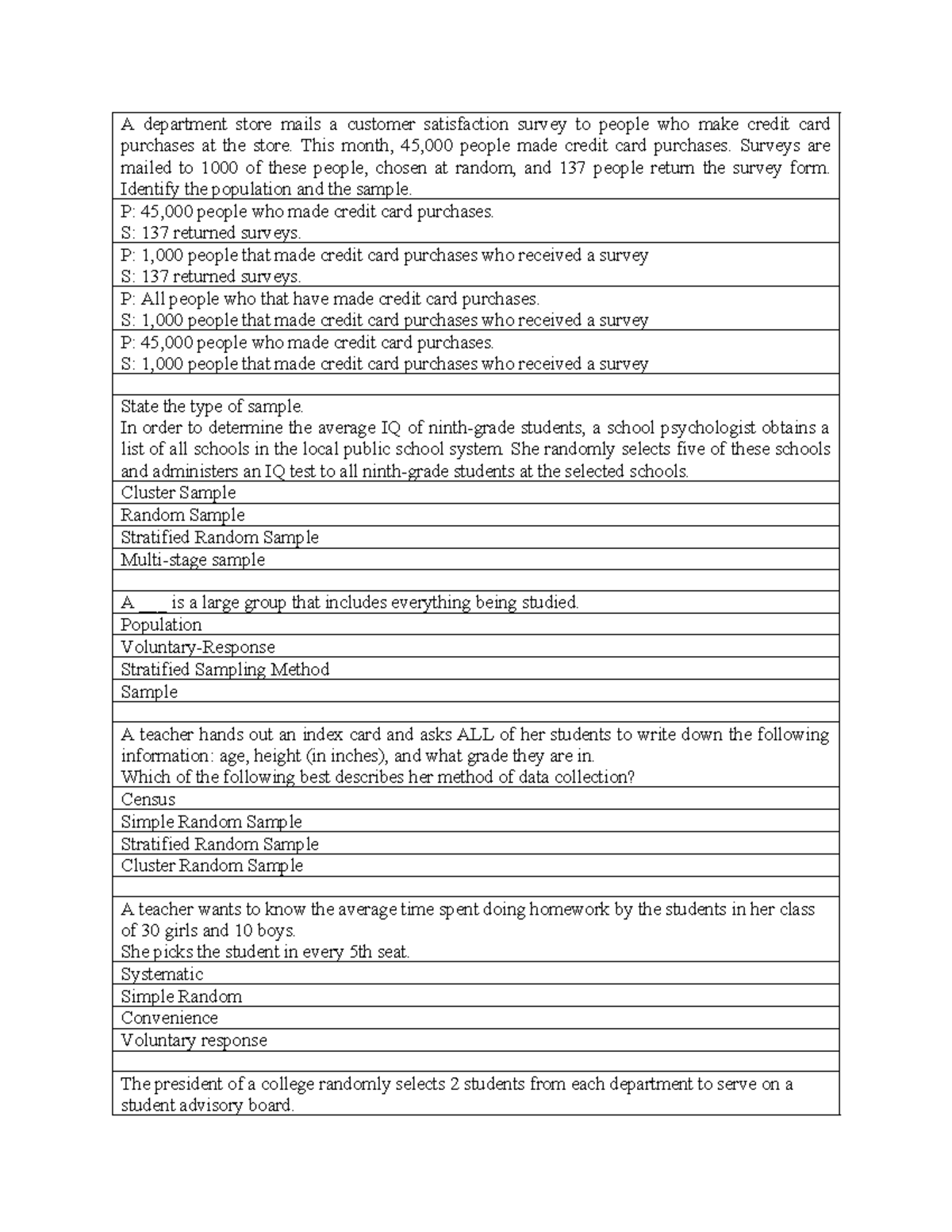 Statistics 101: Week 1-3 Quiz on Sampling Methods and Data Types - Studocu