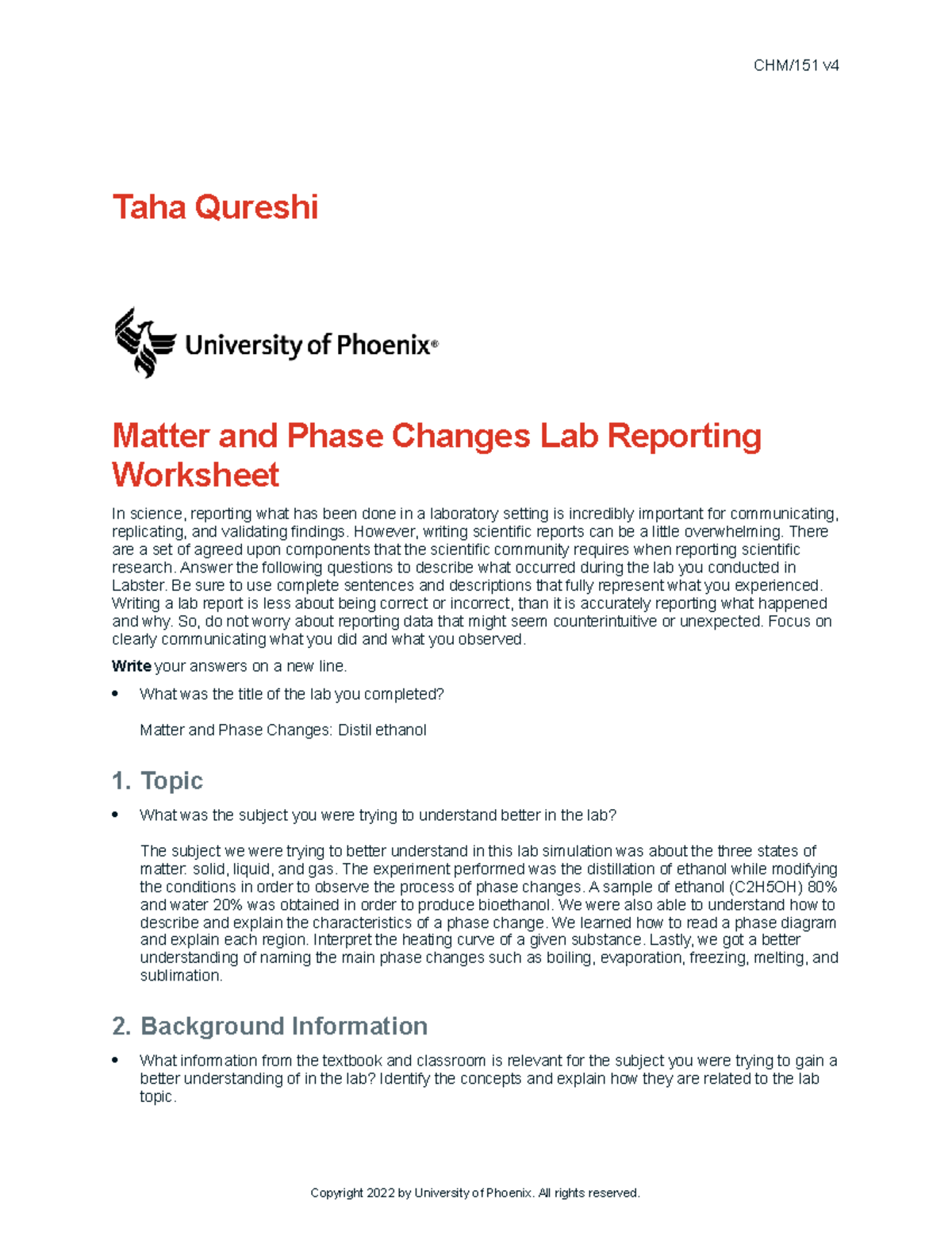 CHM/151 Week 1 Lab Report: Exploring Matter and Phase Changes - Studocu