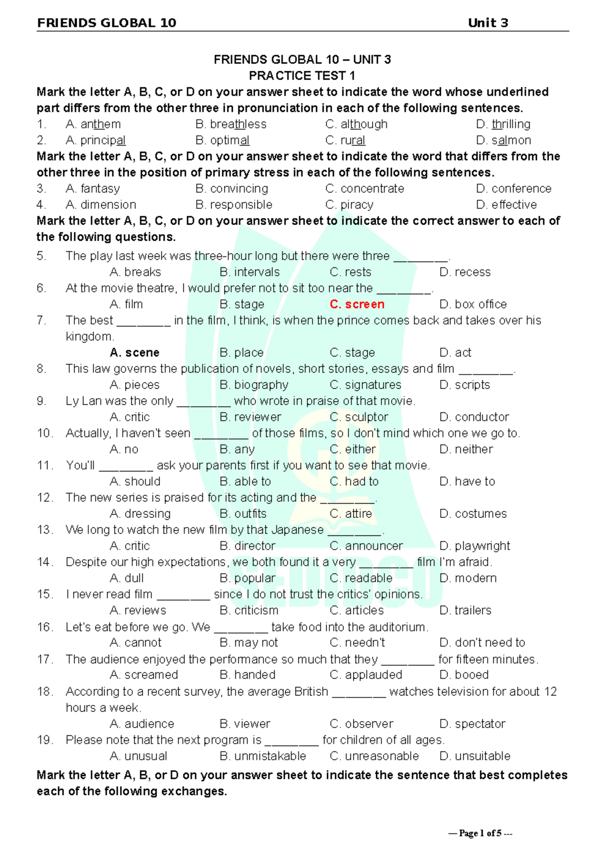 Tieng Anh 10 Friends Global - Unit 3 - Test 1 - FRIENDS GLOBAL 10 ...