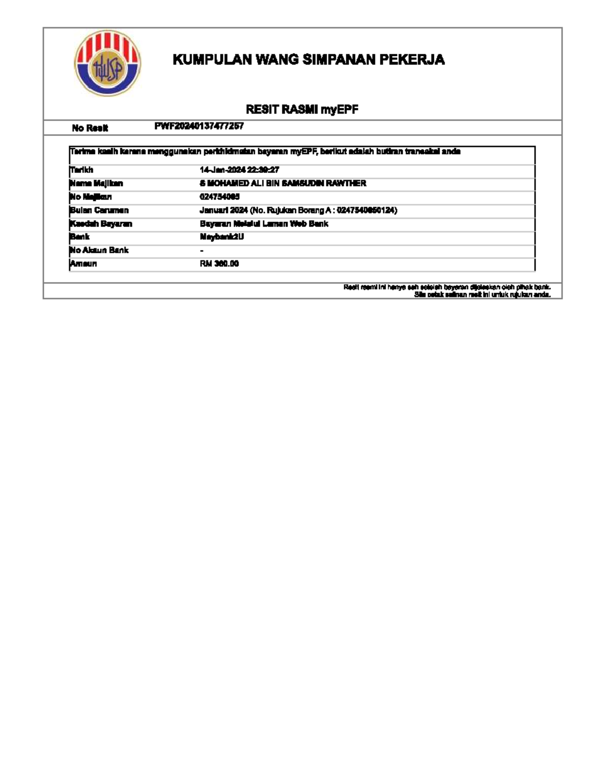 EPF Resit Rasmi PWF20240137477257 untuk Januari 2024 - Studocu