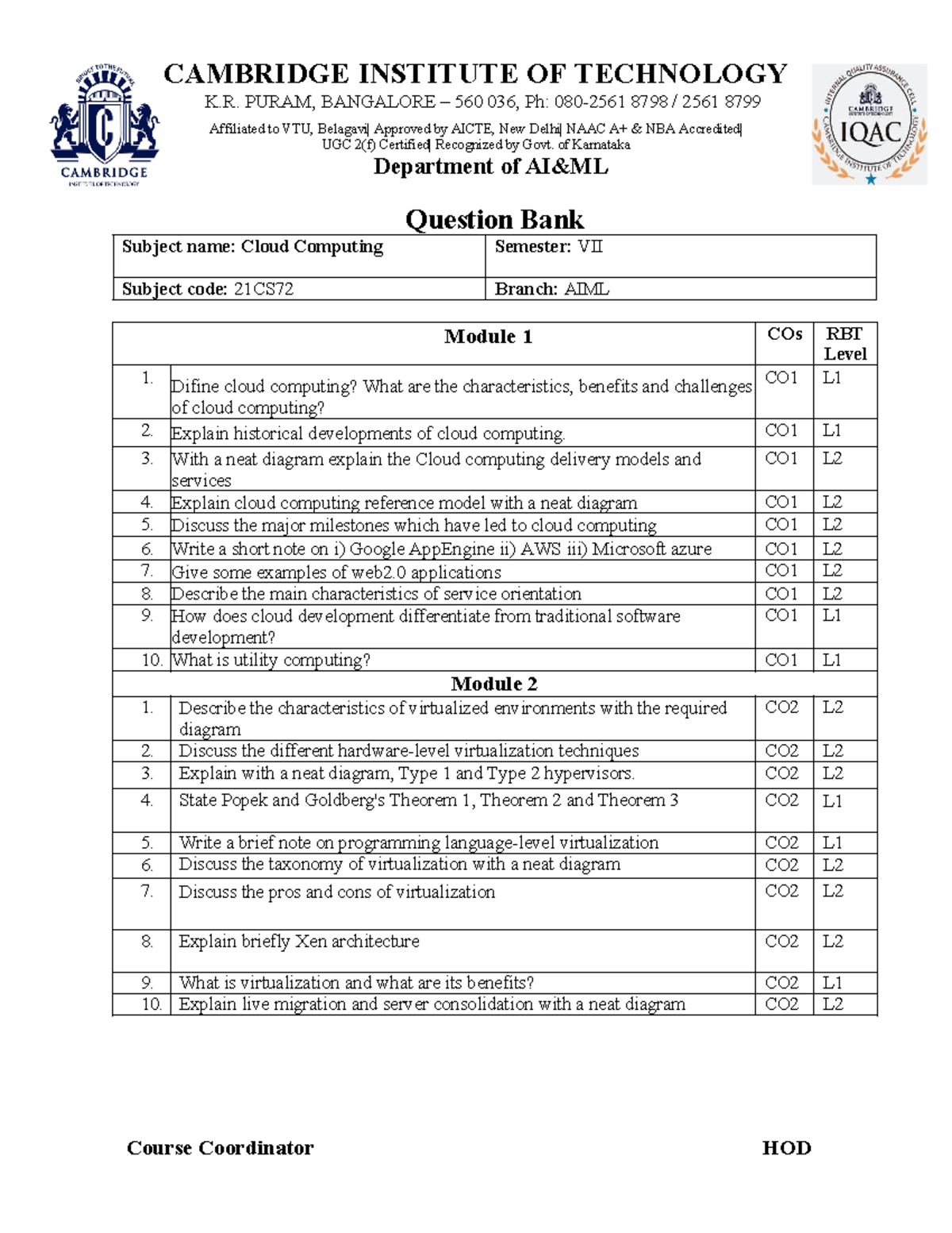 CLOUD COMPUTING MOD 1 AND 2 - CAMBRIDGE INSTITUTE OF TECHNOLOGY K ...