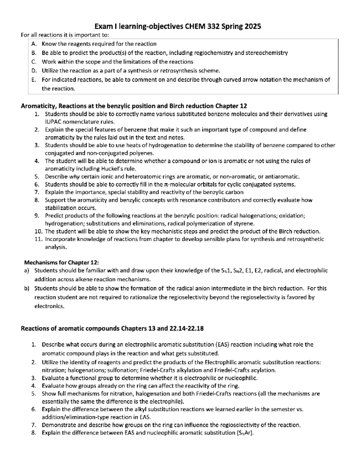 Exam 1 Spring 2025 Learning Objectives Spring 2025 Organic Chemistry