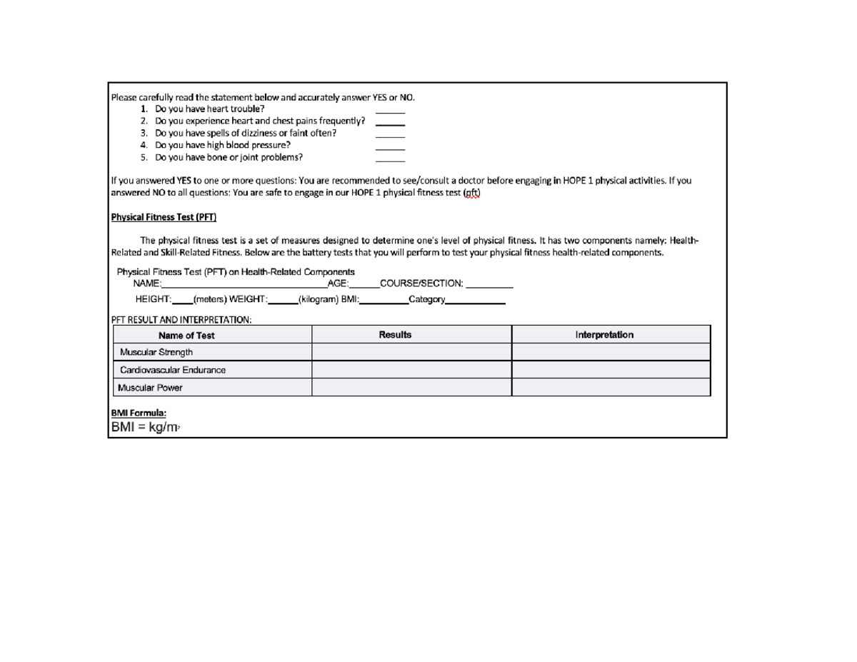 Physical Fitness Test HOPE 1 Guidelines and Evaluation - Studocu
