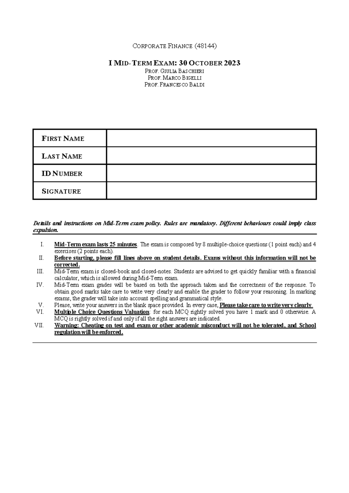 Corporate Finance Mid-Term Exam Solutions (48144) - 30 Oct 2023 - Studocu