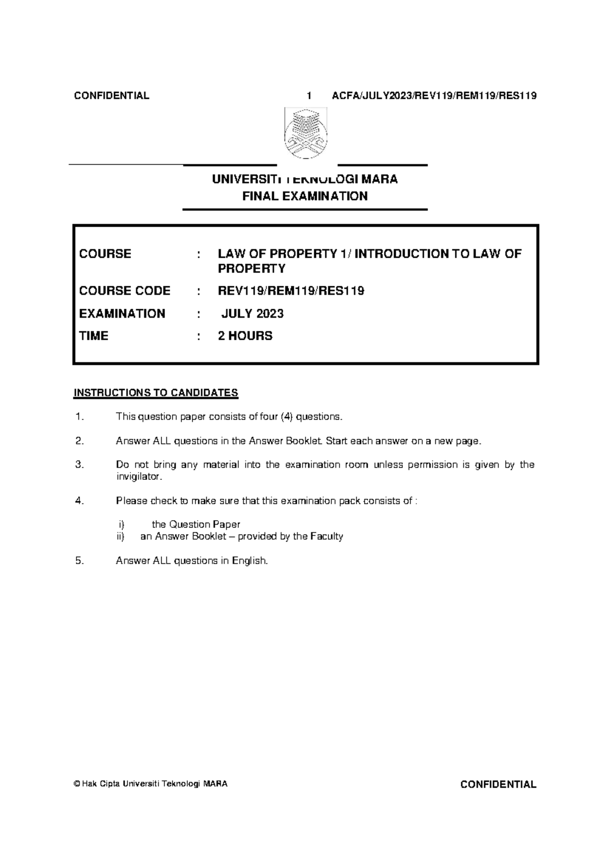 LAW OF PROPERTY FINAL EXAMINATION REV119 JULY 2023 - Studocu