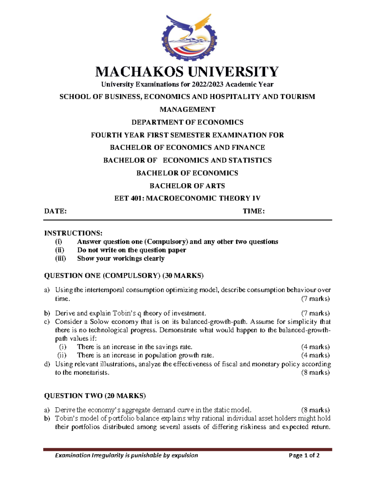 EET 401: Final Exam Study Notes on Macroeconomic Theory IV - Studocu