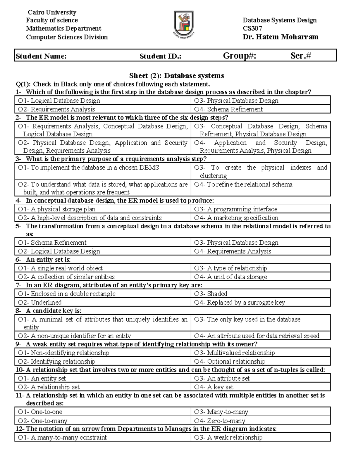 CS307 Database Systems Design Sheet (2) - Cairo University - Studocu