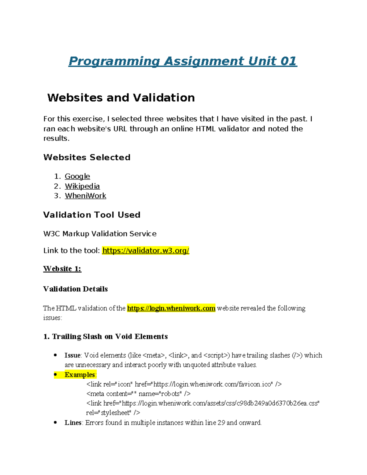 Programming Assignment Unit 01 - I ran each website's URL through an ...