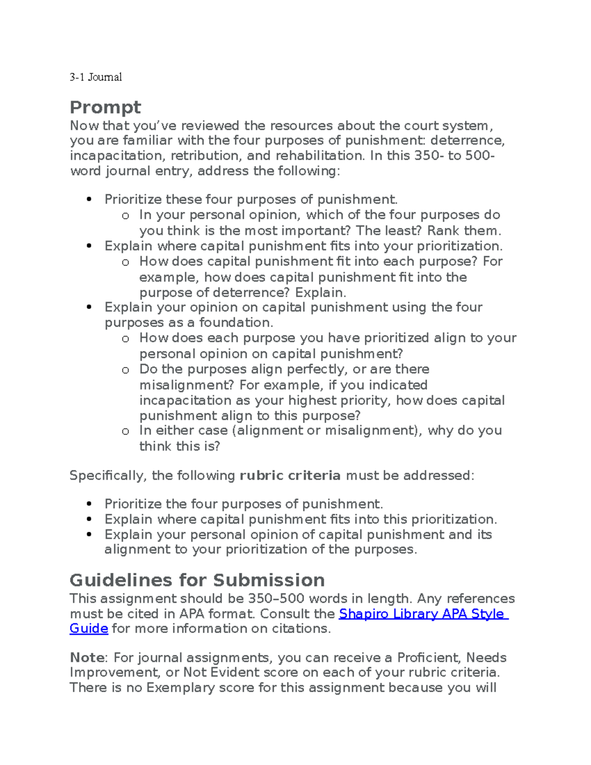 CRJ 3-1 Journal: Analyzing Purposes of Punishment & Capital Sentencing ...