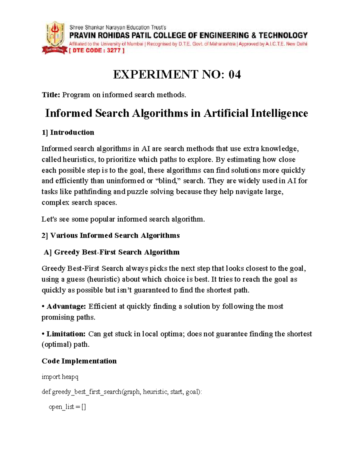 EXP 04 - Informed Search Algorithms in AI: Case Study & Code - Studocu