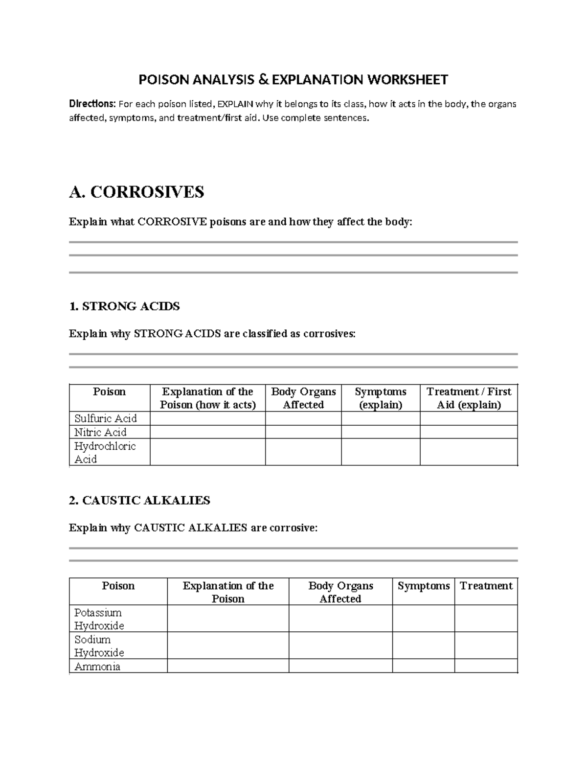 POISON ANALYSIS WORKSHEET: Understanding Classes & Effects - Studocu