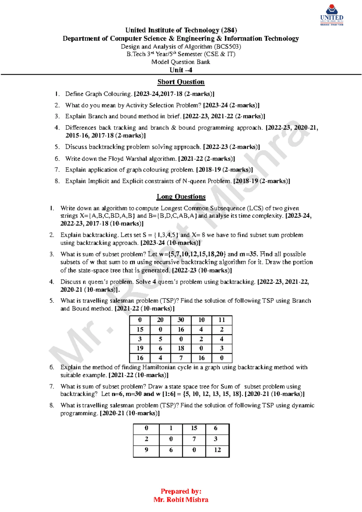 DAA Model Question Bank for Unit 5 - KCS503 CSE & IT 3rd Year - Studocu