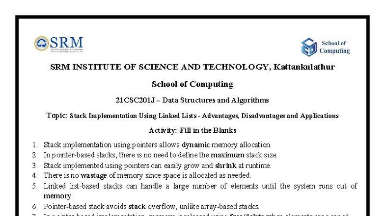 21CSC201J Data Structures: Stack Implementation Using Linked Lists ...