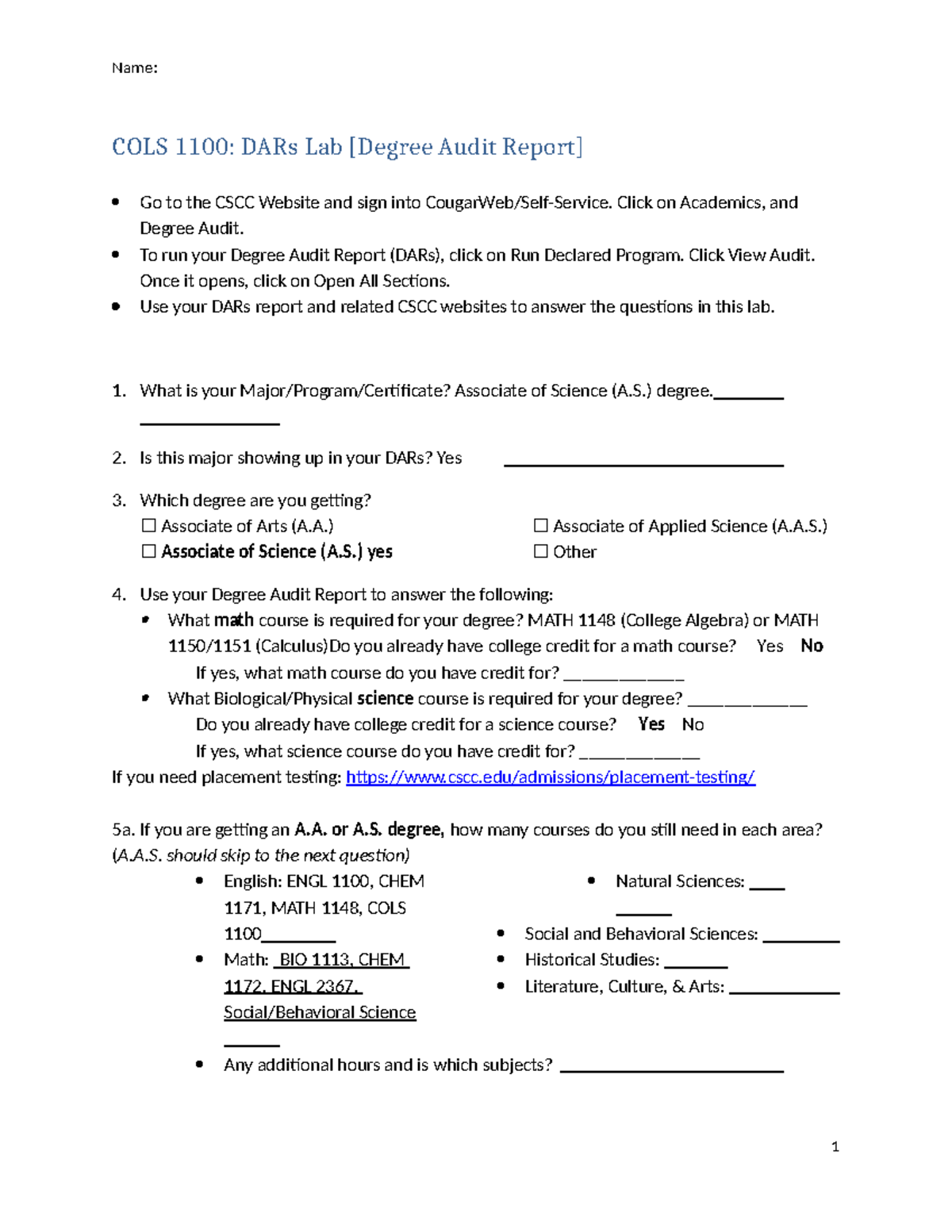 COLS 1100: DARS Lab Worksheet for Degree Audit Report - Studocu