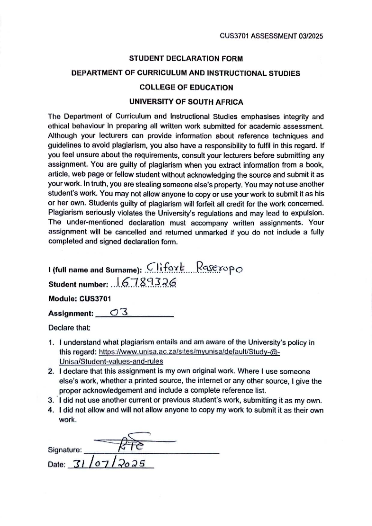 CUS3701 Assignment 03 - Plagiarism Declaration Form - Studocu