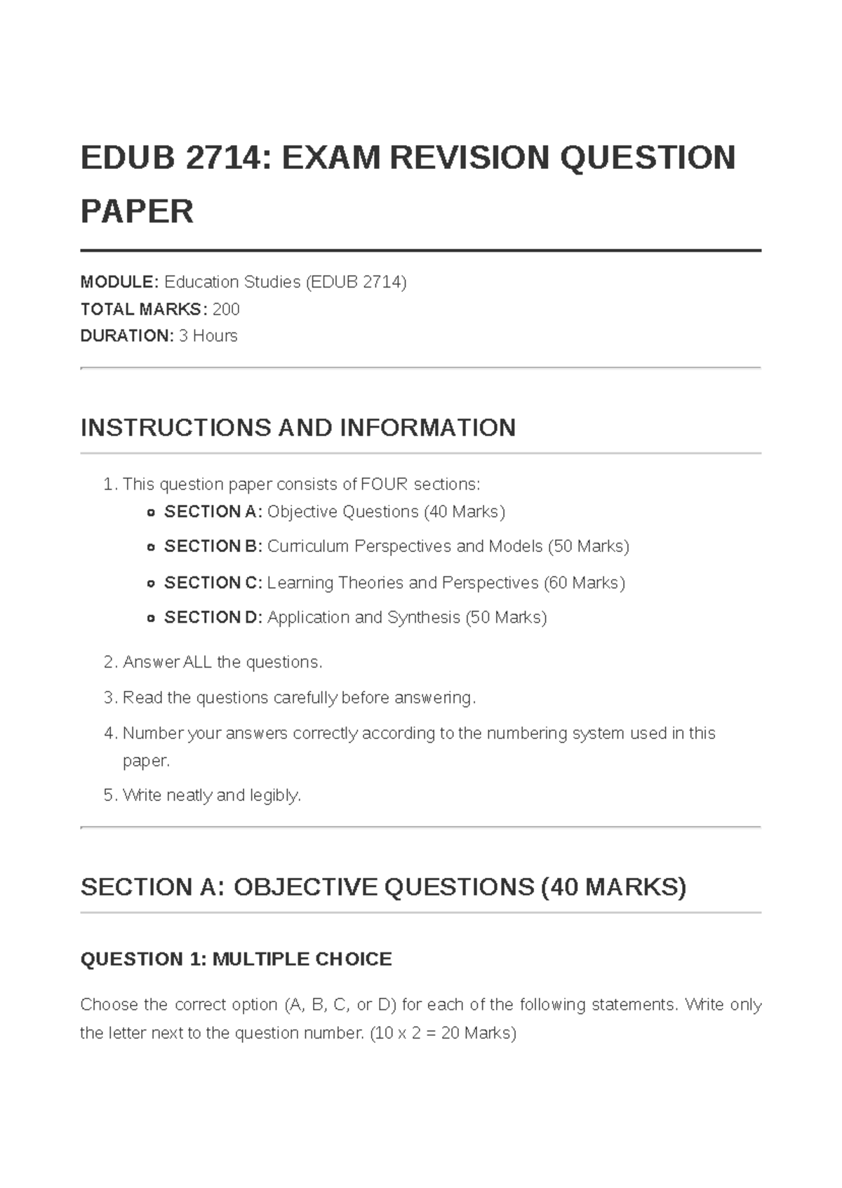 EDUB 2714: Exam Revision Question Paper - Studocu