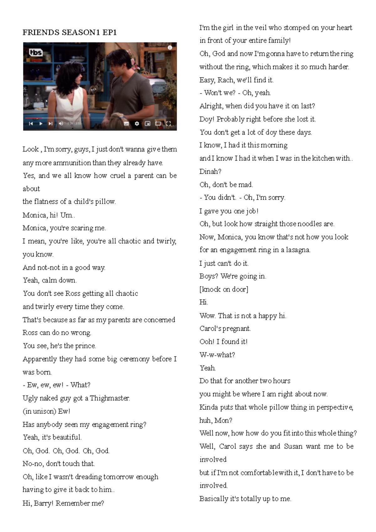Friends Season 1 Episode Summaries and Highlights - sgnngc - Studocu
