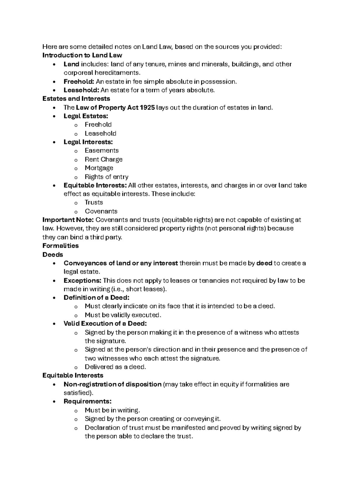 Land - land law - Here are some detailed notes on Land Law, based on ...