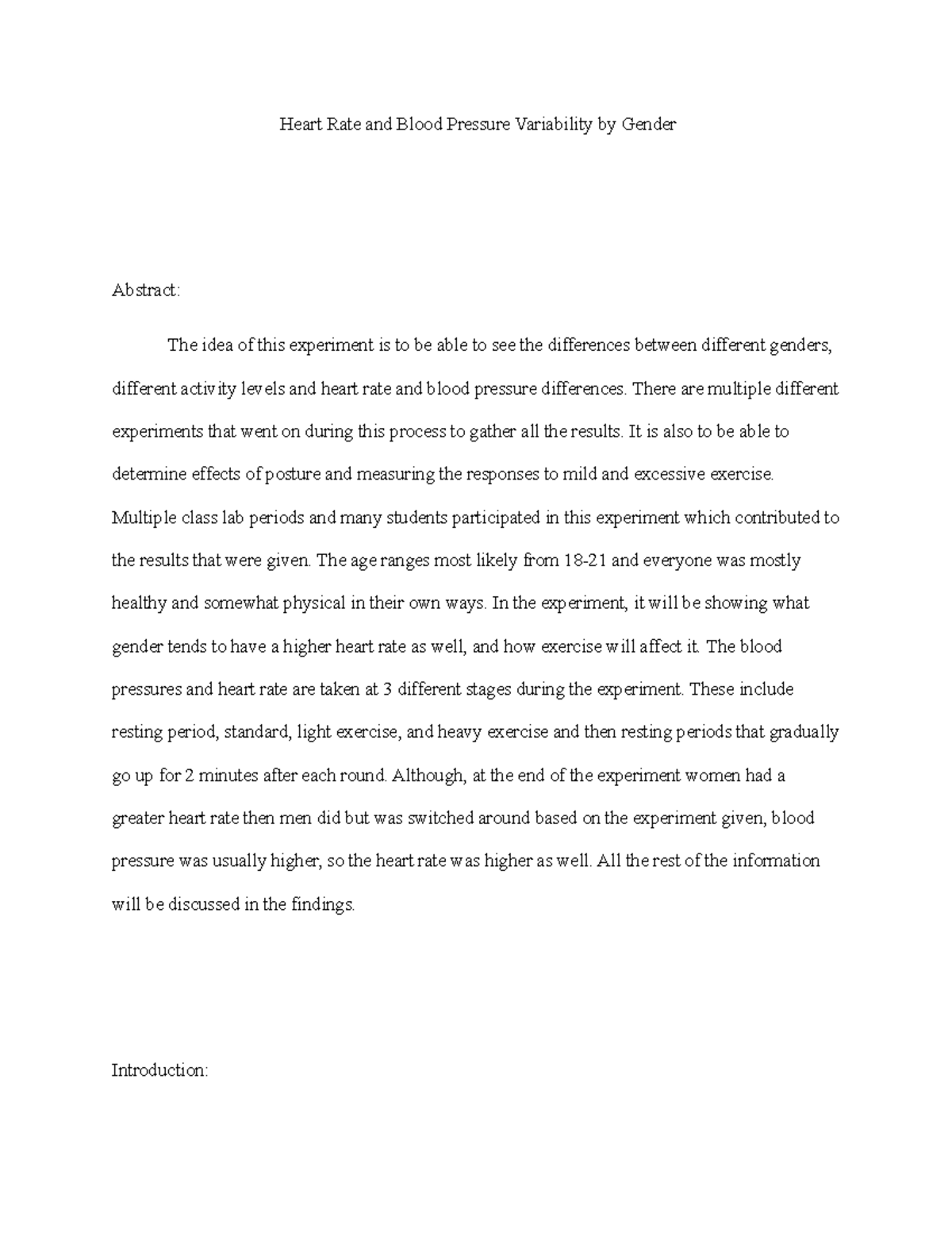 BIOL 251 Final Lab Report: Heart Rate & Blood Pressure by Gender - Studocu
