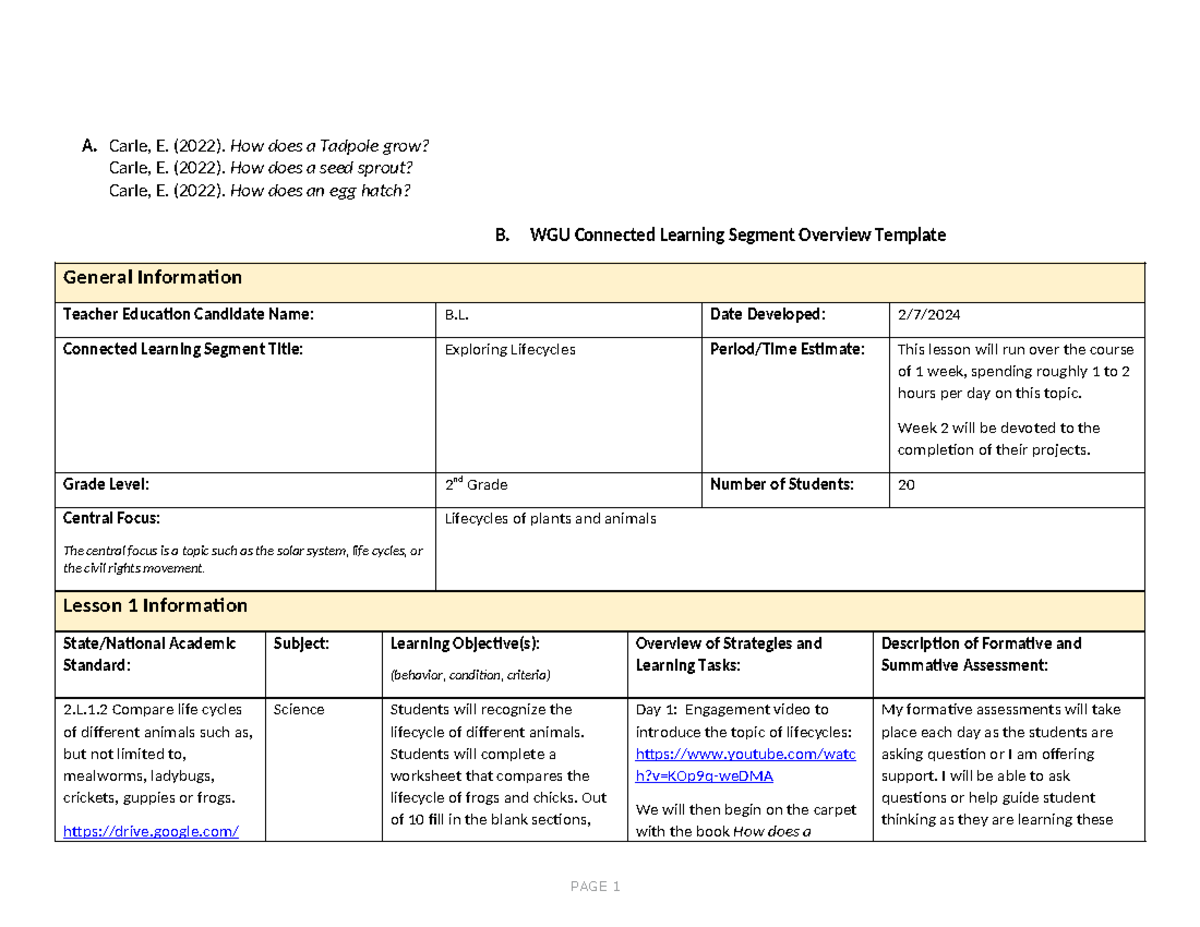 C970 Task 1 - Exploring Lifecycles in 2nd Grade Science Lesson - Studocu