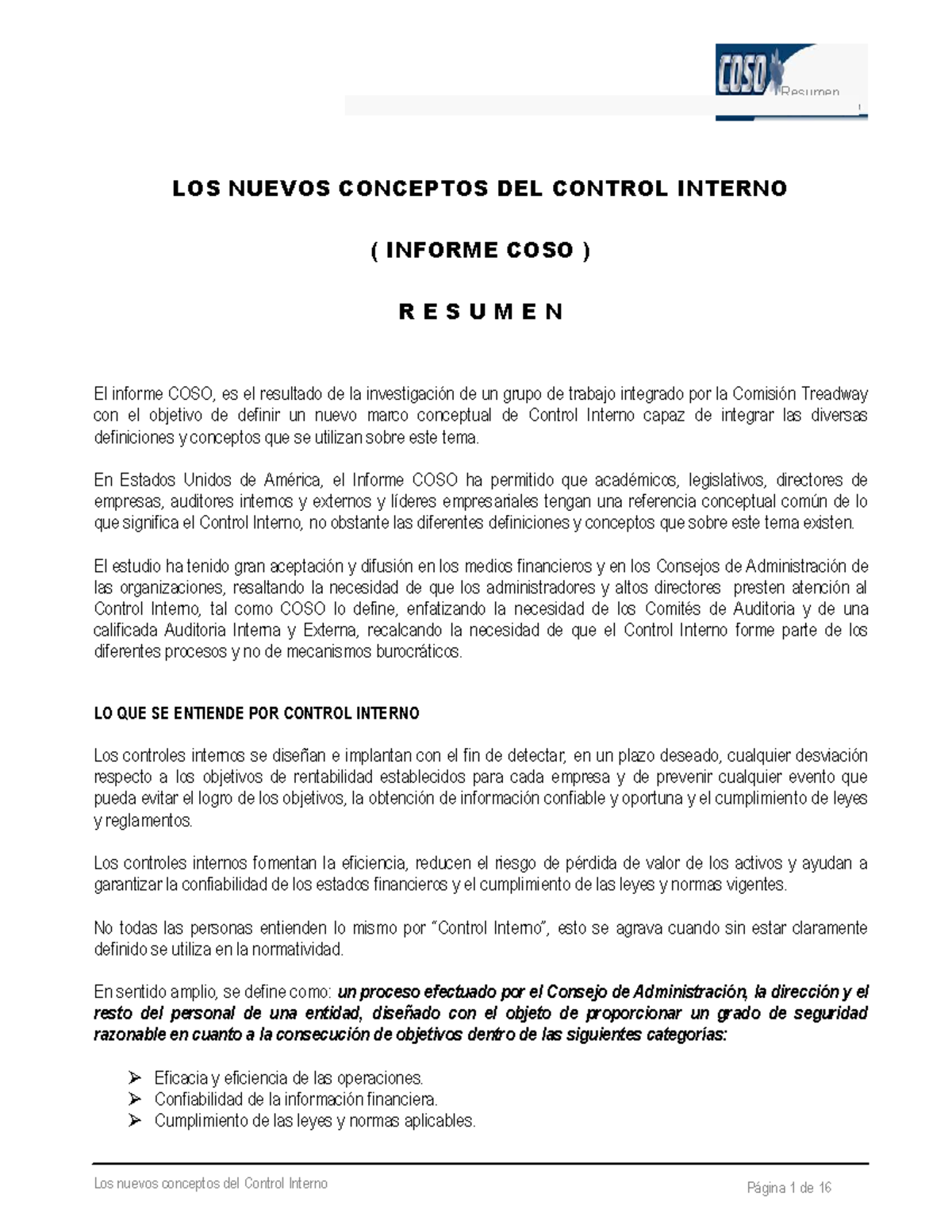 Resumen del Informe COSO sobre Nuevos Conceptos de Control Interno ...