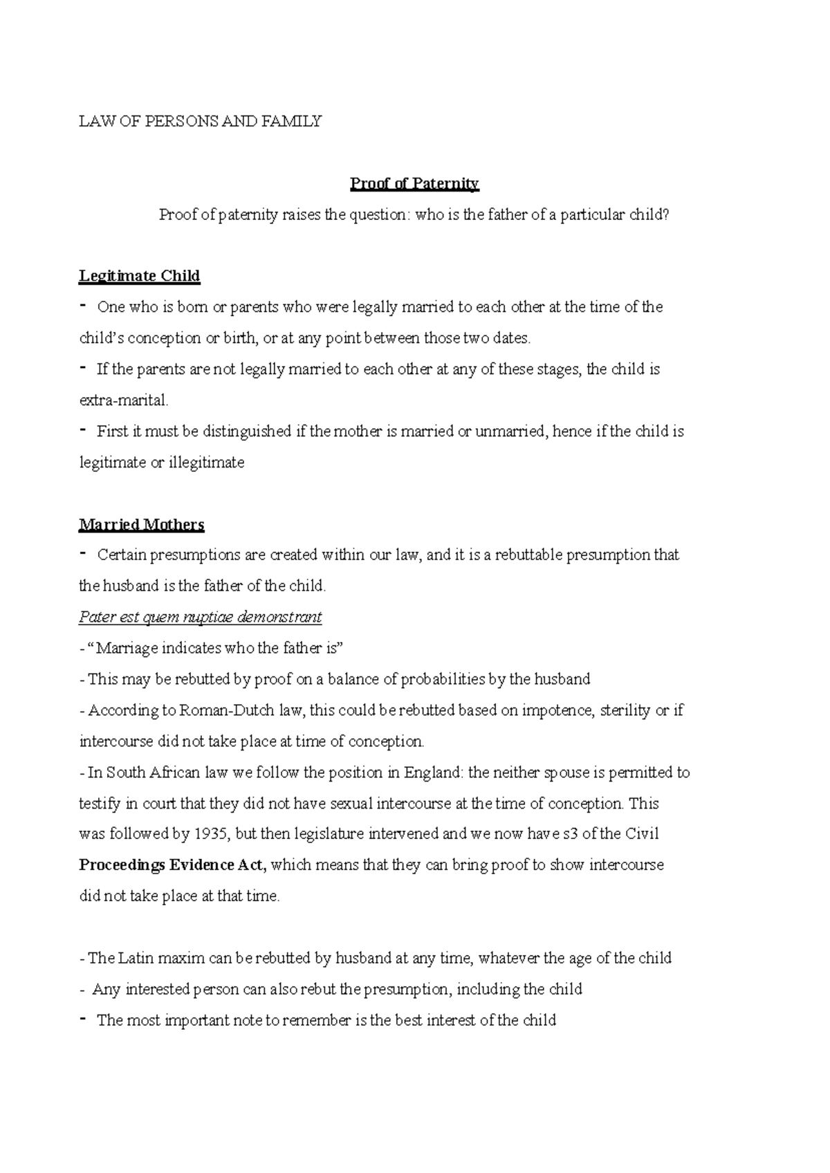 LAW OF PERSONS AND FAMILY: Notes on Proof of Paternity - Studocu