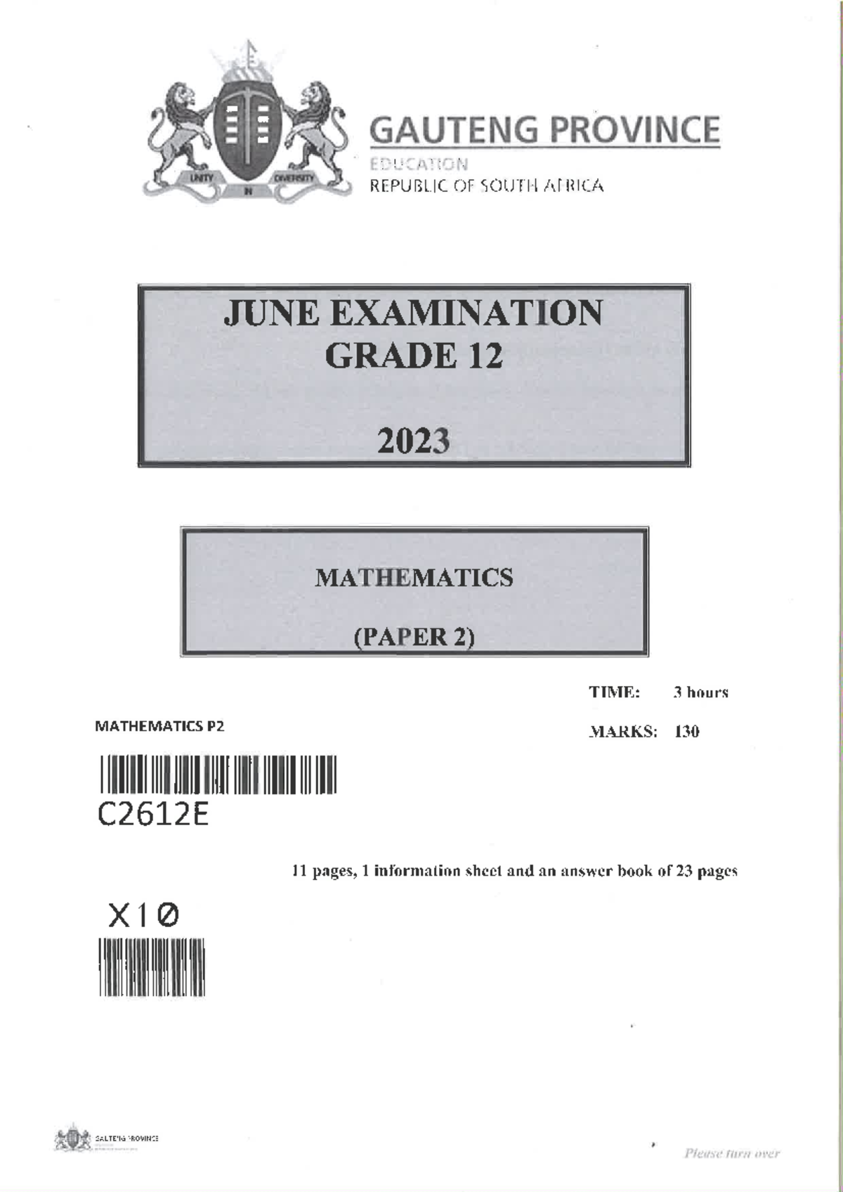2023 Gauteng Grade 12 Mathematics P2 June Exam Paper - Studocu
