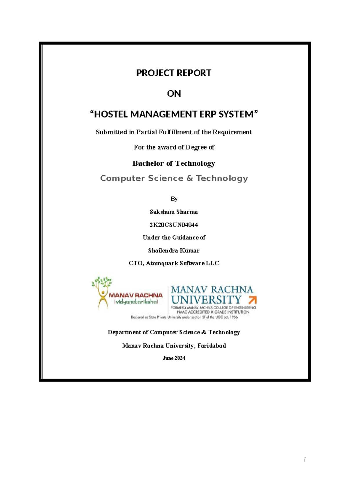 Final report - Hello - PROJECT REPORT ON “HOSTEL MANAGEMENT ERP SYSTEM ...