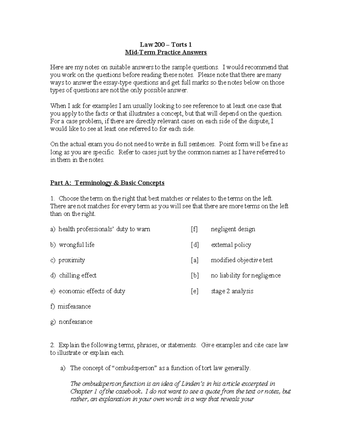 Law 200 Mid-Term Torts 1 Practice Answers and Case Analysis - Studocu
