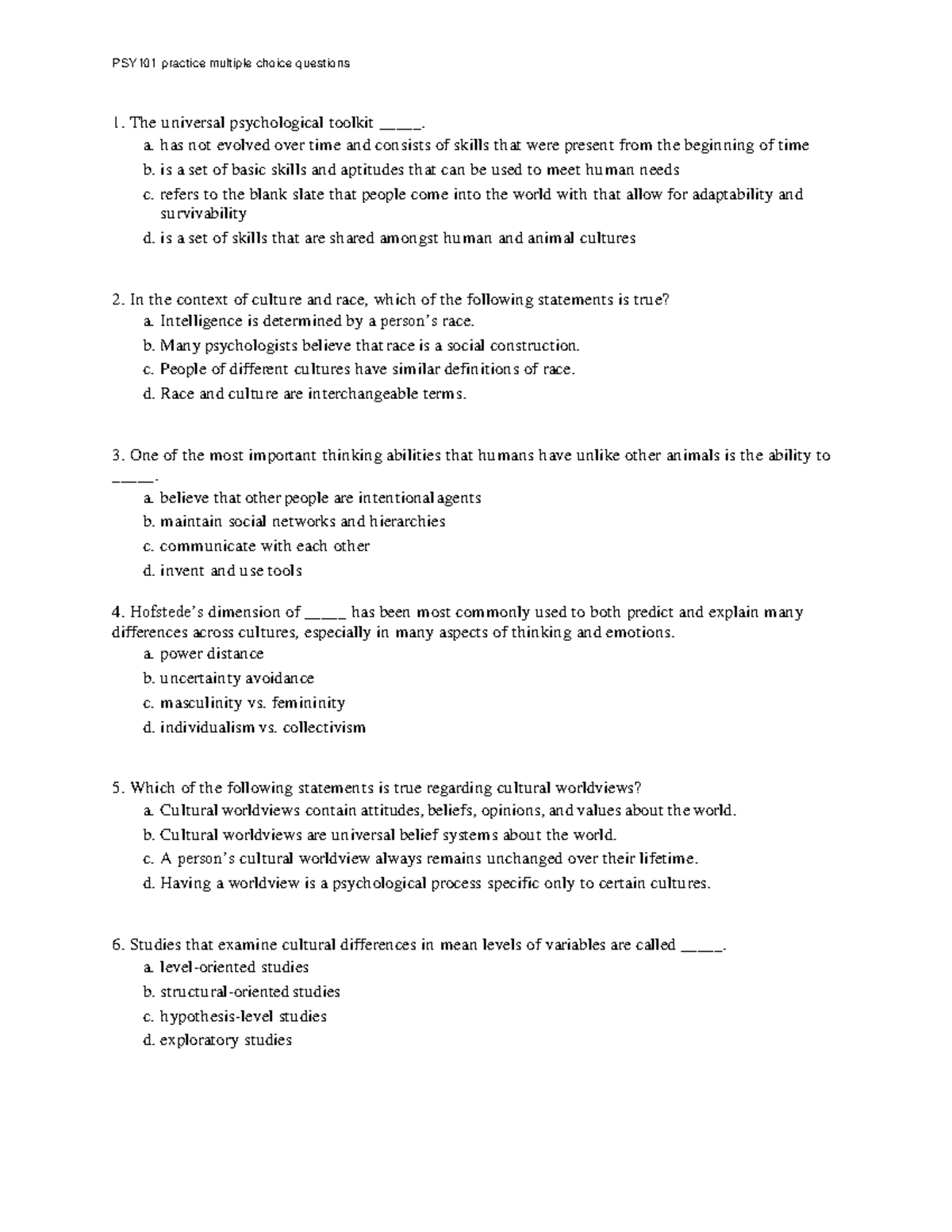 PSY101 Final Exam Practice: Multiple Choice Questions on Culture and ...