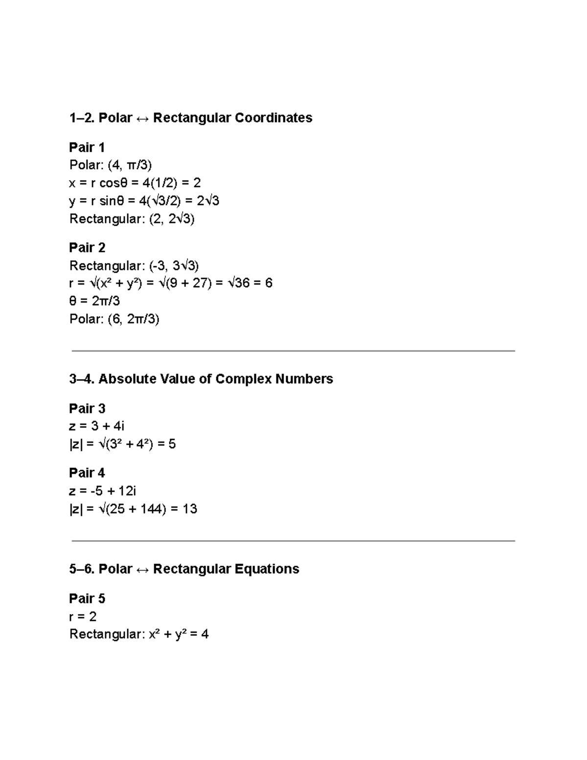 1–2. Polar and Rectangular Coordinates: Work for 12 Problems - Studocu